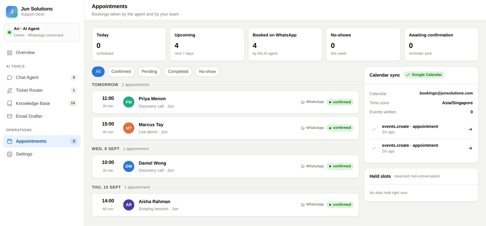 The appointments view, listing bookings taken over WhatsApp and their Google Calendar sync status.