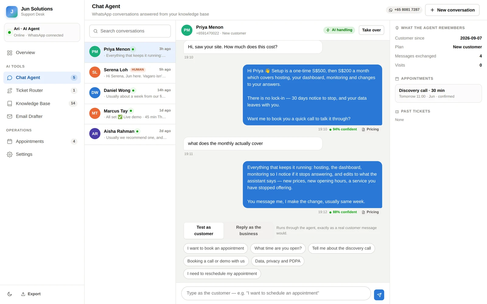 The Jun Solutions dashboard showing a WhatsApp conversation. Each reply from the assistant is labelled with a confidence score and the knowledge base article it came from.