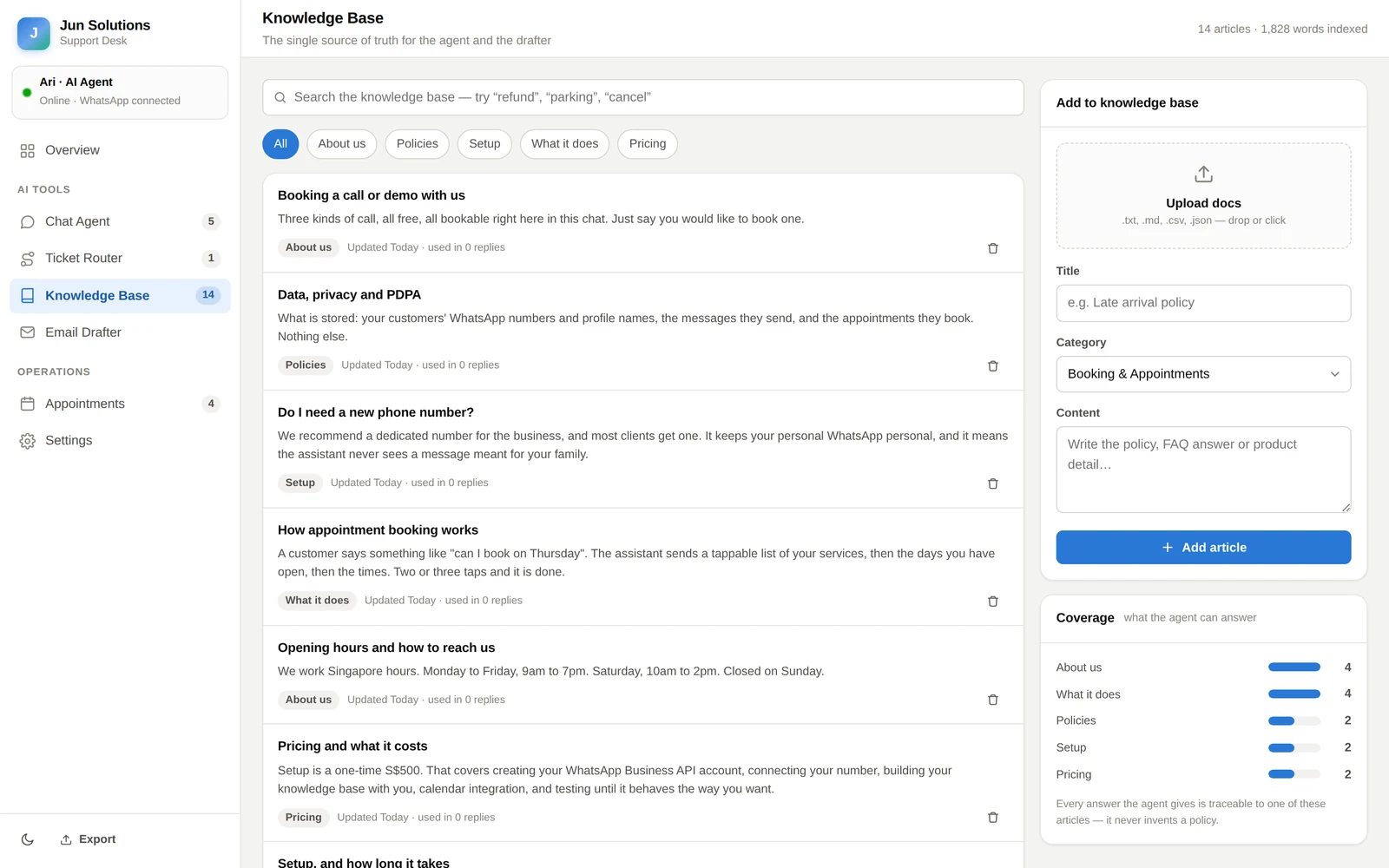 The knowledge base view, listing the articles the assistant answers from, with coverage by category.